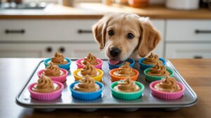 A golden retriever puppy sits at a kitchen counter, eagerly looking at a tray of colorful frosted cupcakes in silicone liners, with sunlight streaming in through the window behind.