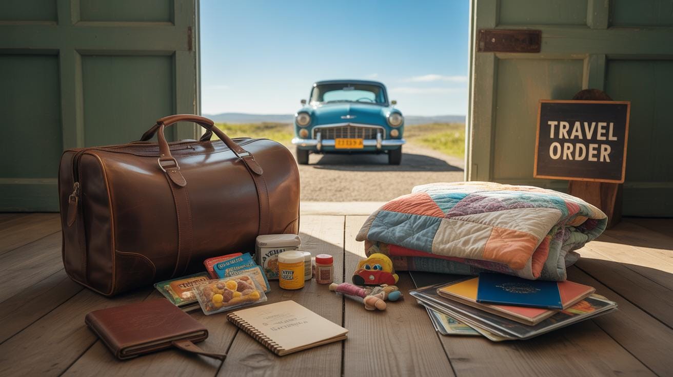 A packed leather duffel bag, quilt, toys, snacks, notebooks, and travel essentials sit on a wooden floor beside a Travel Order sign, with a vintage blue car parked outside open doors.