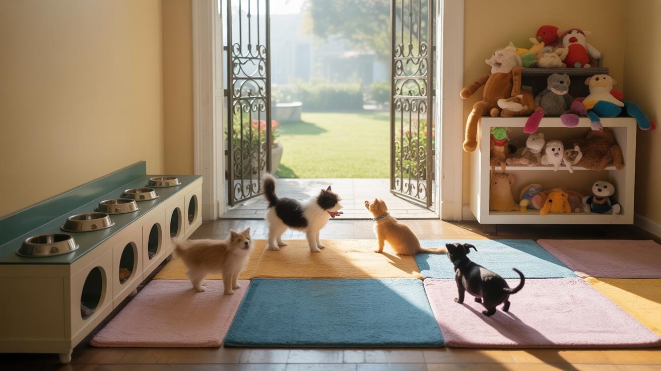 Four kittens and a puppy stand on colorful mats in a sunny room with open doors leading to a garden. There are pet bowls on one side and a shelf filled with stuffed animals and toys on the other.