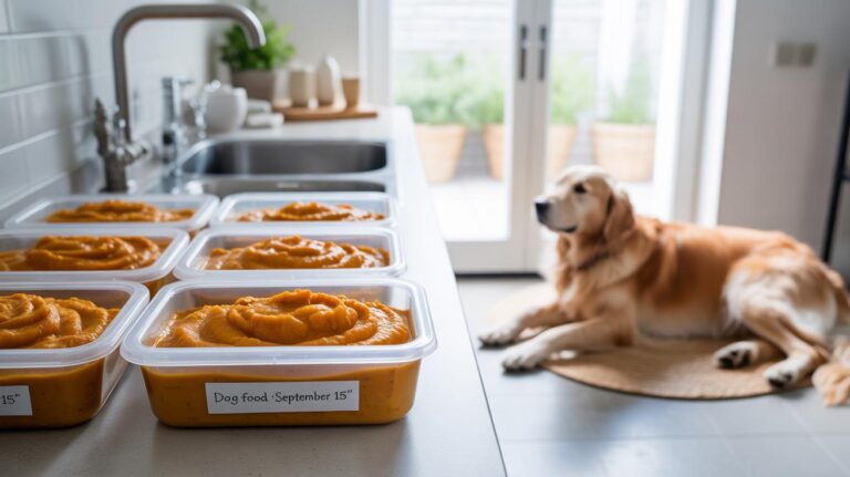 A golden retriever lies on a rug in a bright kitchen. Containers of homemade dog food labeled “Dog food September 15” are lined up on the counter next to the sink. Sunlight streams in through glass doors.