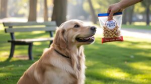 A golden retriever sits on grass in a sunlit park, looking eagerly at a hand holding a bag of Tiny Potato Bites dog treats. A wooden bench and trees are visible in the background.