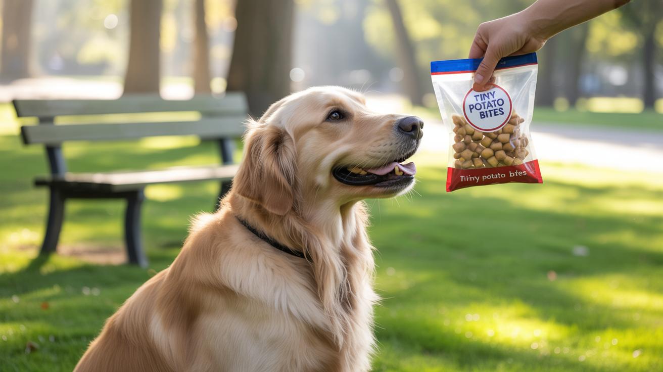A golden retriever sits on grass in a sunlit park, looking eagerly at a hand holding a bag of Tiny Potato Bites dog treats. A wooden bench and trees are visible in the background.