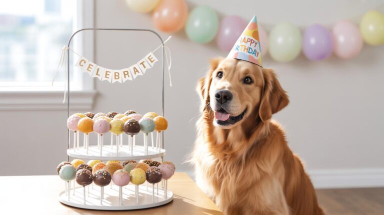 A golden retriever wearing a Happy Birthday hat sits beside a tiered tray of colorful cake pops with a Celebrate banner. Balloons are strung in the background, creating a festive atmosphere.
