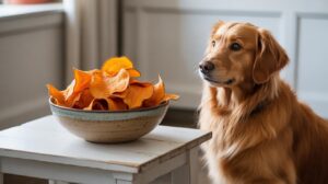 A golden retriever sits next to a white table with a bowl filled with orange sweet potato chips, gazing attentively at the snacks in a bright, cozy room.