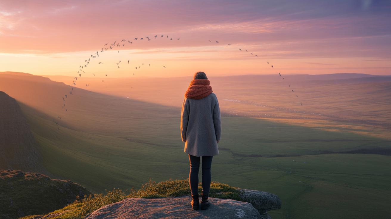A person in a coat and scarf stands on a rocky ledge overlooking a vast, sunlit valley at sunset, watching a flock of birds flying in an arc across the colorful sky.
