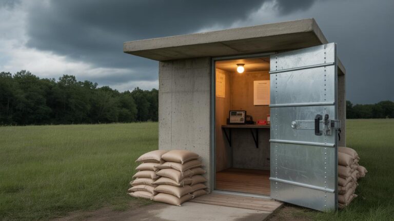 A small concrete storm shelter with a heavy metal door stands in a grassy field. Sandbags are stacked outside the entrance. Inside, a lightbulb hangs above a radio and emergency supplies on a shelf. Dark storm clouds loom overhead.