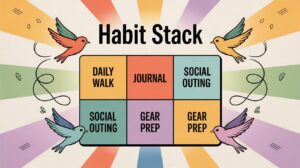 A colorful graphic titled Habit Stack shows six boxes labeled: Daily Walk, Journal, Social Outing, Social Outing, Gear Prep, and Gear Prep. Four illustrated birds surround the grid with a vibrant, radiant background.