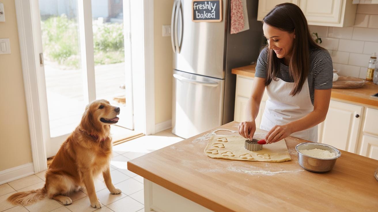 A woman in an apron smiles while cutting heart-shaped cookies from dough on a kitchen counter, as a golden retriever sits nearby watching her.