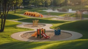 A modern playground features colorful equipment, including slides and climbing structures, set in circular sandpits surrounded by lush green grass and trees on a sunny day. Benches and a fountain are visible in the background.