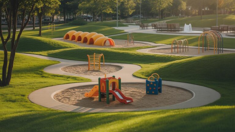 A modern playground features colorful equipment, including slides and climbing structures, set in circular sandpits surrounded by lush green grass and trees on a sunny day. Benches and a fountain are visible in the background.