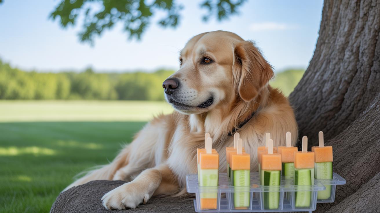 A golden retriever lies on grass under a tree, looking content. In front of the dog is a tray holding popsicles made with orange and green fruit. A sunny landscape with trees and fields can be seen in the background.