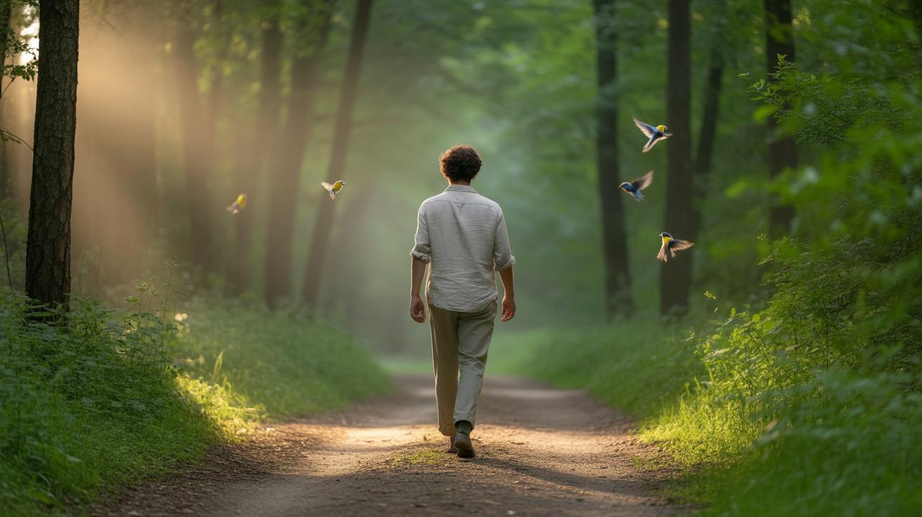 A person in light clothing walks down a sunlit forest path, surrounded by green trees and several birds flying nearby. Sun rays filter through the trees, creating a peaceful, natural atmosphere.