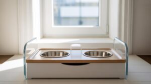 A modern, elevated pet feeder with two stainless steel bowls sits on a white floor in front of a window, featuring clear side panels and a wooden top.