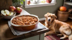A golden retriever lies on a rug in a cozy kitchen, looking up at a baked apple dessert in a round dish on a wooden counter. Nearby are fresh apples and a bowl of sliced apples.