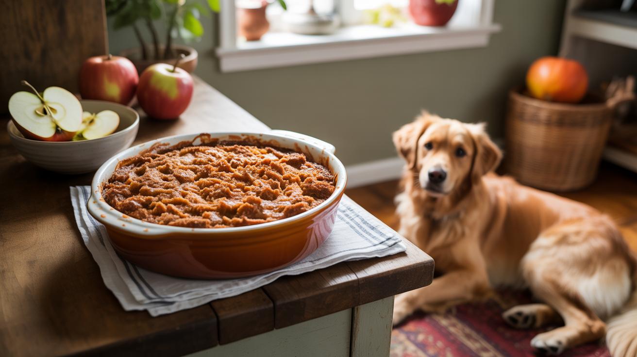A golden retriever lies on a rug in a cozy kitchen, looking up at a baked apple dessert in a round dish on a wooden counter. Nearby are fresh apples and a bowl of sliced apples.