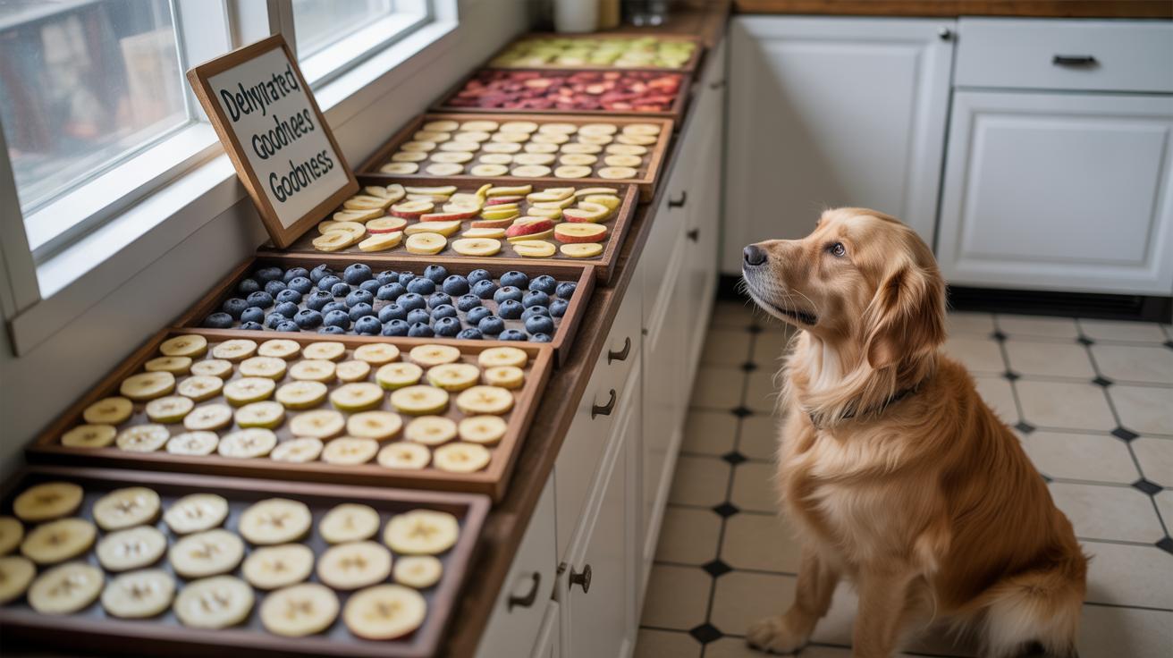A golden retriever looks up at trays of neatly arranged sliced fruits and berries on a kitchen counter, with a sign reading Dehydrated Goodies Galore next to the window.