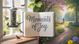 An open journal titled “Moments of Joy” sits on a windowsill with small birds nearby, a bird feeder, and a colorful spring garden scene with flowers and a walking woman outside.