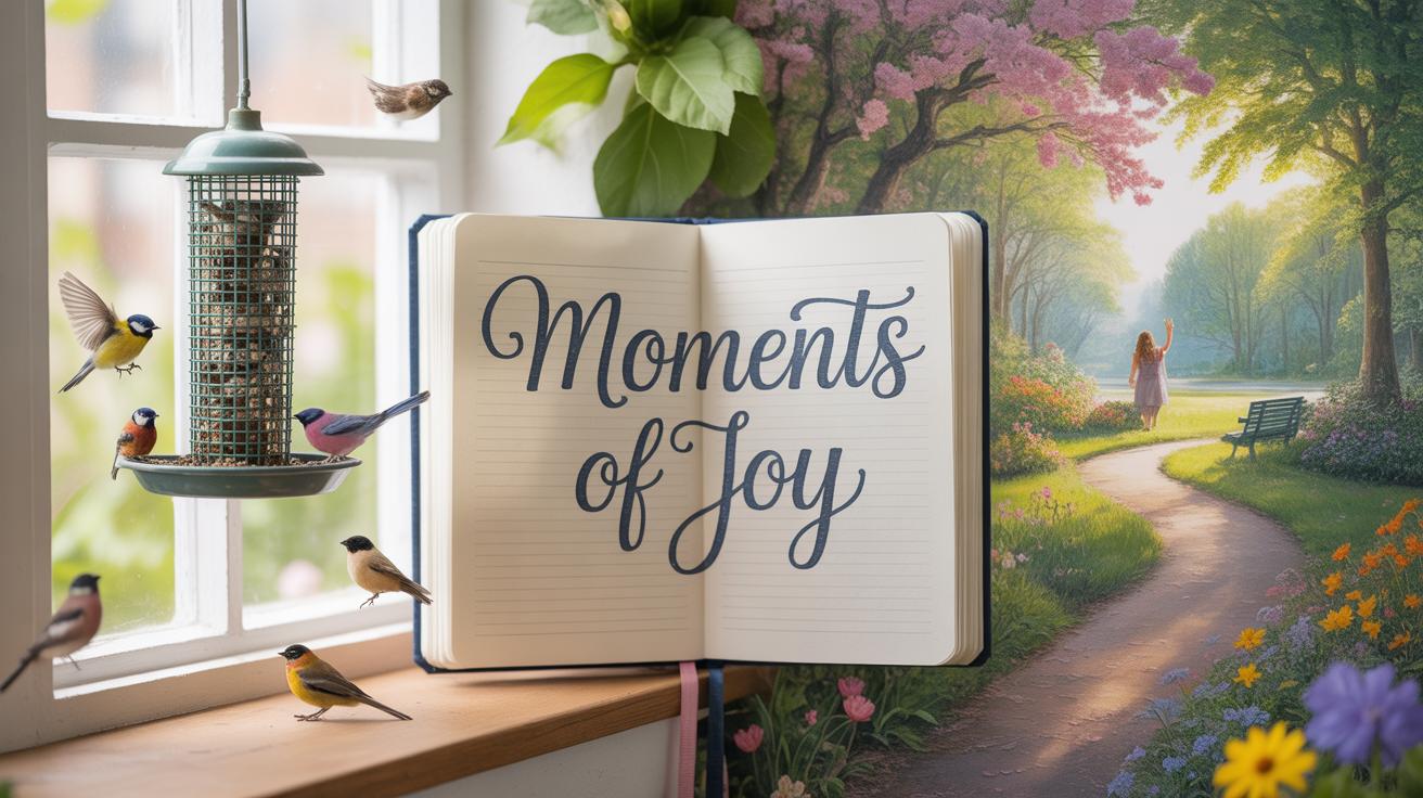 An open journal titled “Moments of Joy” sits on a windowsill with small birds nearby, a bird feeder, and a colorful spring garden scene with flowers and a walking woman outside.
