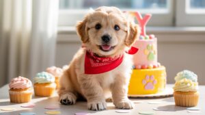 A fluffy puppy wearing a red bandana sits on a table decorated with cupcakes and a cake with paw prints, celebrating a birthday in a brightly lit room.
