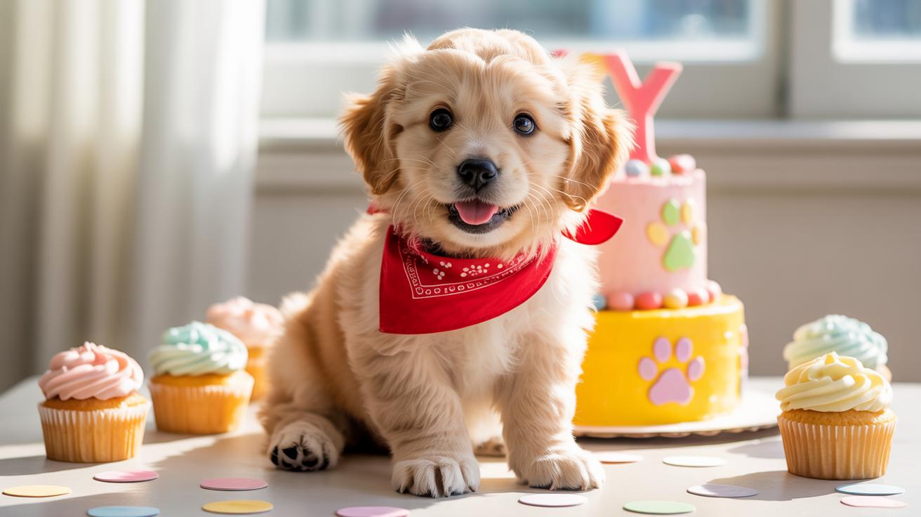A fluffy puppy wearing a red bandana sits on a table decorated with cupcakes and a cake with paw prints, celebrating a birthday in a brightly lit room.