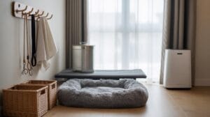 A modern, tidy pet corner with a fluffy gray pet bed, woven baskets, a metal bin, leashes, and towels hanging on wooden hooks, set against a window with sheer curtains and a white air purifier nearby.