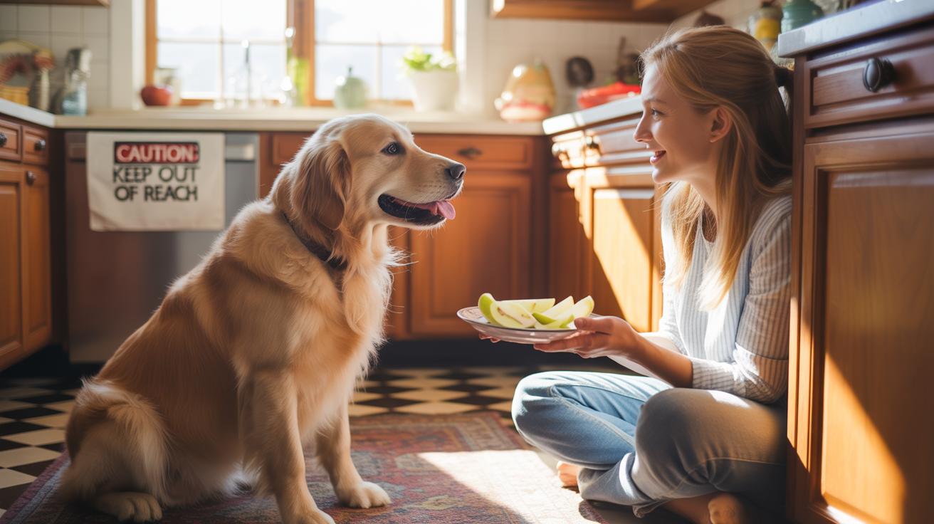 A woman sits on a kitchen floor, smiling at a golden retriever while holding a plate of apple slices. A dish towel behind her reads “Caution: Keep Out of Reach.” Sunlight streams through the window.