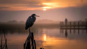 A heron perches on reeds by a calm lake at sunrise, with golden light reflecting on the water. In the background, a person stands on a pier, silhouetted against the misty, colorful sky.