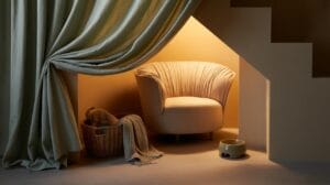 A cozy beige armchair sits under a staircase, illuminated by warm light. A green curtain is drawn aside, revealing a wicker basket with a blanket and a small pet bowl on the floor nearby.