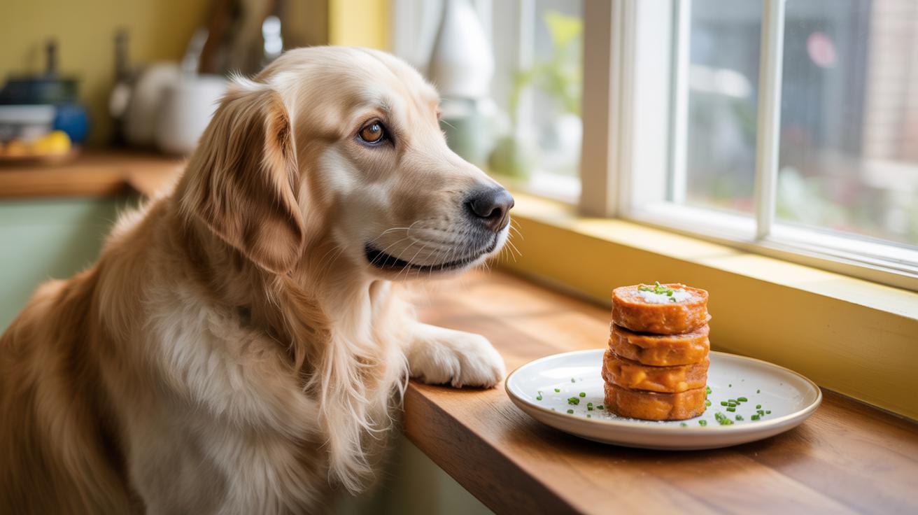 A golden retriever sits by a window, staring at a plate of stacked savory pancakes garnished with chives on a wooden countertop in a cozy kitchen.