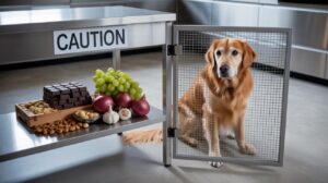 A golden retriever sits behind a metal gate in a kitchen. On a table marked Caution are foods toxic to dogs, including chocolate, grapes, onions, macadamia nuts, and garlic.