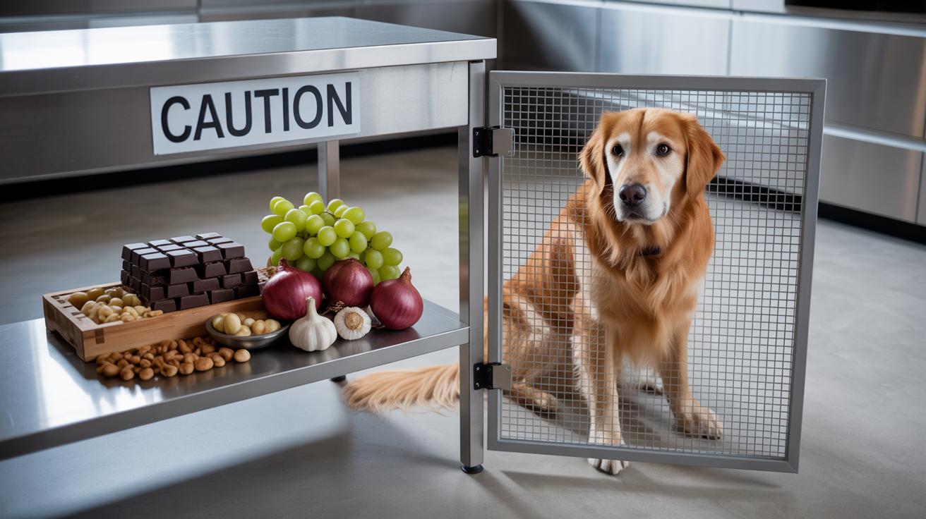 A golden retriever sits behind a metal gate in a kitchen. On a table marked Caution are foods toxic to dogs, including chocolate, grapes, onions, macadamia nuts, and garlic.