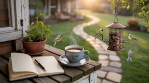 A steaming cup labeled Morning Tea sits on a table beside an open notebook and pen, with potted plants nearby. Four colorful birds perch on a hanging feeder and fly nearby, with a garden path and house in the background at sunrise.