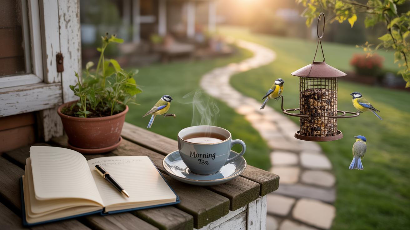 A steaming cup labeled Morning Tea sits on a table beside an open notebook and pen, with potted plants nearby. Four colorful birds perch on a hanging feeder and fly nearby, with a garden path and house in the background at sunrise.