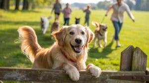 A happy golden retriever with a red collar leans on a wooden fence in a sunlit park, while several people and dogs play and walk in the grassy background.