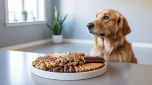 A golden retriever sits at a table, looking at a large round plate filled with assorted dog treats and biscuits, in a bright room with a plant and window in the background.