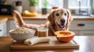 A happy golden retriever in a kitchen stands behind a table with a bowl of oats, a jar of peanut butter, a halved pumpkin, and a peeled banana on a wooden cutting board.