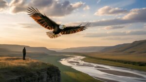 A person stands on a grassy cliff overlooking a winding river at sunset, while a large bald eagle soars nearby with wings outstretched against a dramatic sky.