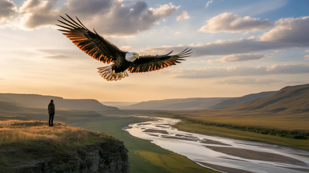 A person stands on a grassy cliff overlooking a winding river at sunset, while a large bald eagle soars nearby with wings outstretched against a dramatic sky.