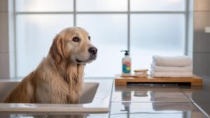 A golden retriever sits in a bathtub, looking to the side. Beside the tub are neatly folded white towels, a bottle of shampoo, and a brush on a wooden tray. The bathroom has large frosted windows.