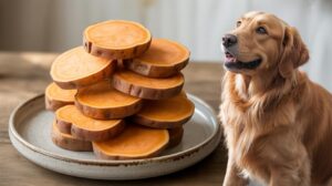 A golden retriever sits beside a plate stacked with raw sweet potato slices on a wooden table.