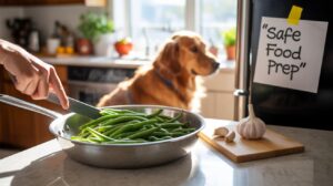 A person prepares fresh green beans in a pan on a kitchen counter, with garlic nearby and a golden retriever in the background. A note on the fridge reads Safe Food Prep. Sunlight streams through the window.