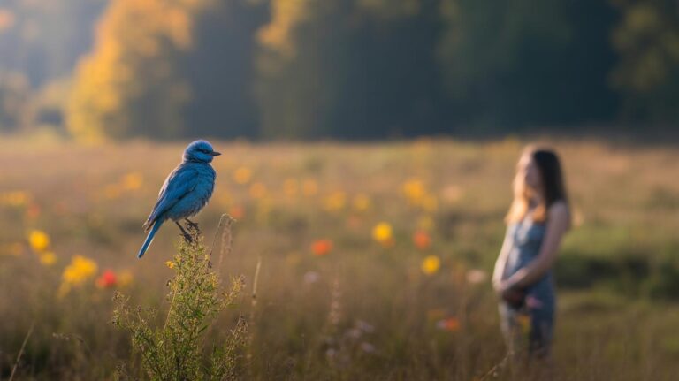 A blue bird perches on a plant in a sunlit field with wildflowers, while a woman stands blurred in the background.