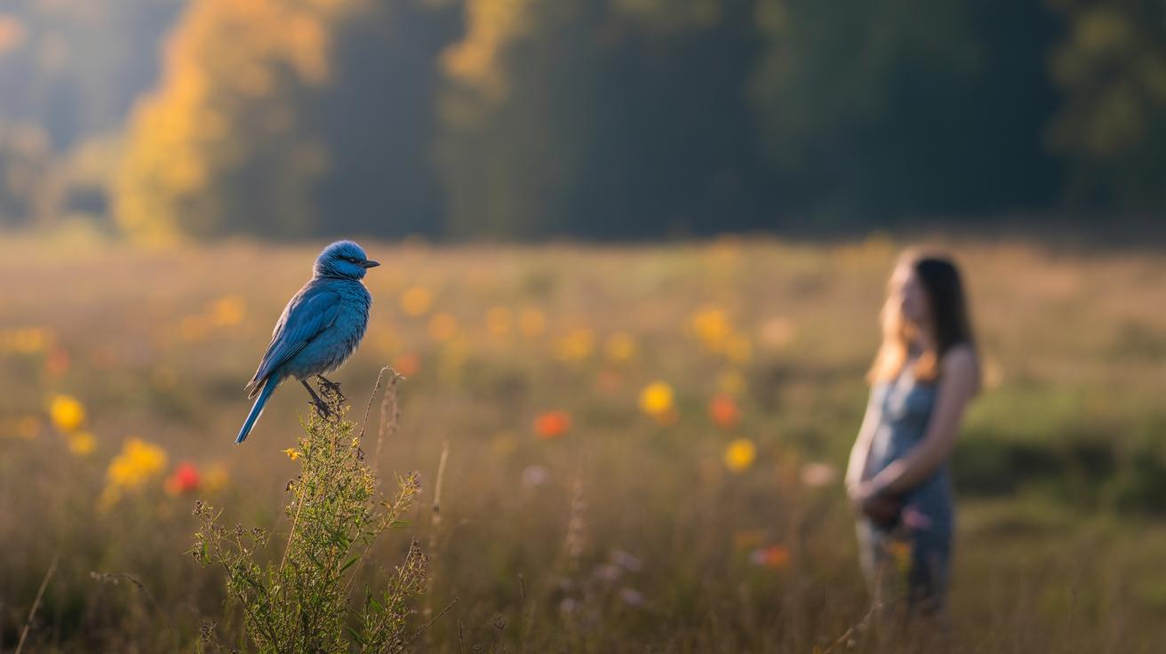 A blue bird perches on a plant in a sunlit field with wildflowers, while a woman stands blurred in the background.