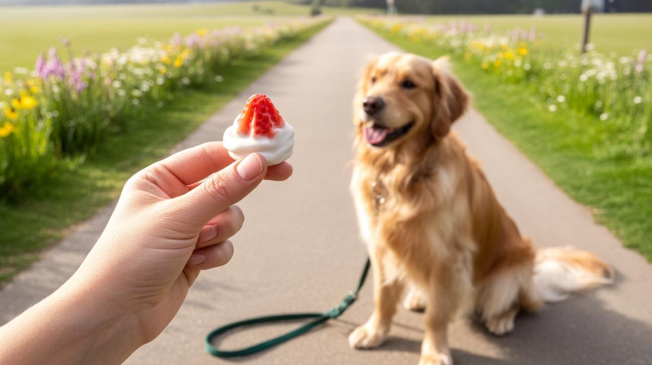 A hand holds a treat topped with strawberry and cream in focus, while a golden retriever sits on a path in a park, blurred in the background with flowers lining the walkway.