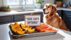 A golden retriever sits by a kitchen counter with a tray of sliced pumpkin and whole carrots. A sign on the tray reads Dog Safe Options. Sunlight streams through a window in the background.