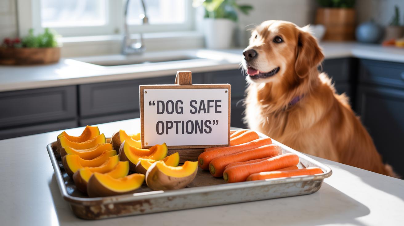 A golden retriever sits by a kitchen counter with a tray of sliced pumpkin and whole carrots. A sign on the tray reads Dog Safe Options. Sunlight streams through a window in the background.