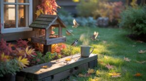 A cozy garden scene with a bird feeder, several small birds flying and perching near it, a steaming mug on a wooden step, and autumn leaves scattered on green grass next to a house window.