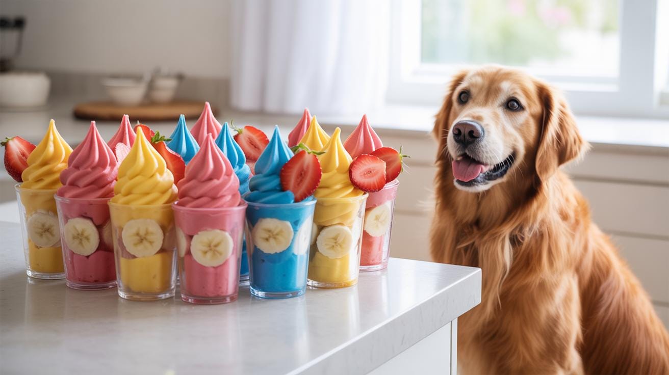 A golden retriever looks eagerly at several colorful frozen yogurt cups topped with strawberry slices and banana pieces, arranged on a kitchen counter.