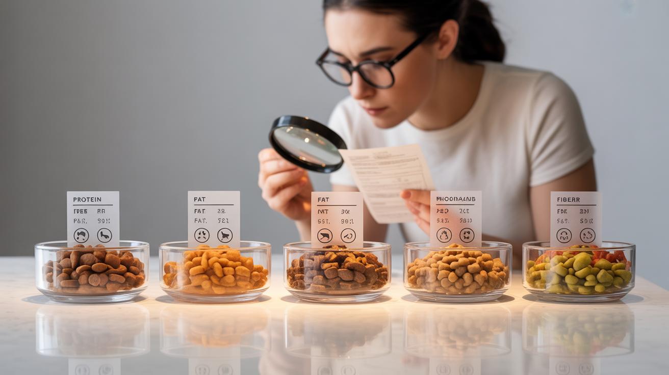 A woman with glasses examines pet food labels closely with a magnifying glass. Five glass bowls of different pet foods are lined up, each labeled with nutritional content like protein, fat, micronutrients, and fiber.