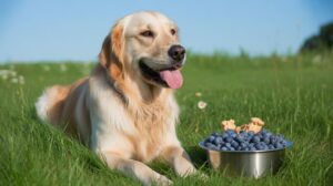 A golden retriever lies on green grass next to a metal bowl filled with blueberries and dog biscuits on a sunny day, with a clear blue sky in the background.
